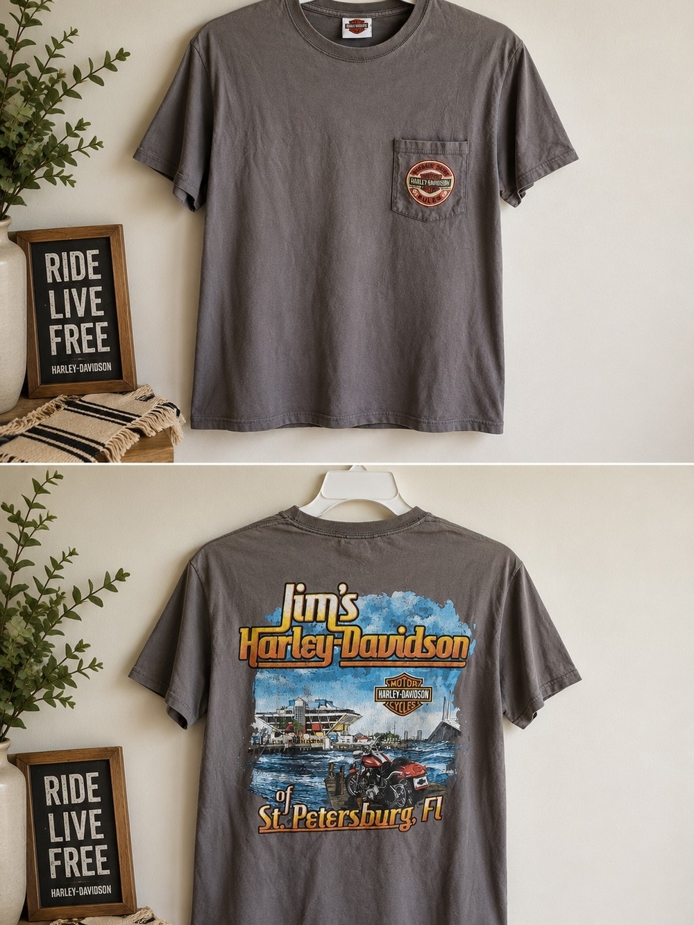 Harley-Davidson Jim's St. Petersburg FL Pocket T-Shirt Gray Medium Biker Tee